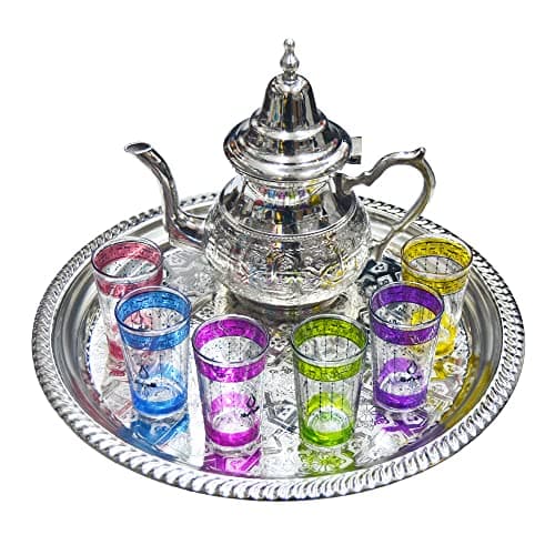 Ensemble de thé marocain complet. Théière 750 ml plateau 32 cm 6 verres typiques en verre