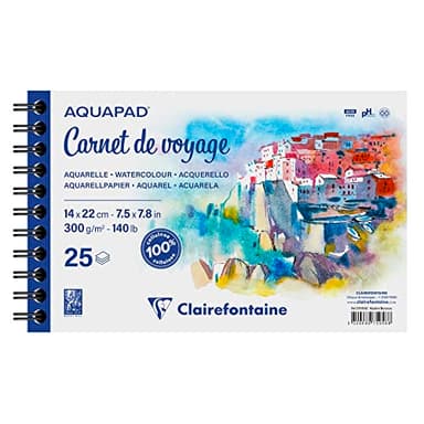 Clairefontaine 975958C - Carnet de Voyage Spiralé Aquapad - 25 Feuilles Papier Aquarelle Blanc Grain Moyen Fin 14x22 cm 300g - Idéal pour les Artistes Globe-trotteurs