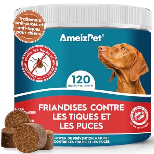 AmeizPet Cachet Chien Anti Puces Et Tiques Comprimés, Anti-Puces Chien Anti-Tique Prévention des Puces pour Chiots Et Chiens Adultes, Enzymes Digestives, 120 Friandises, 270g (9.5 Oz)