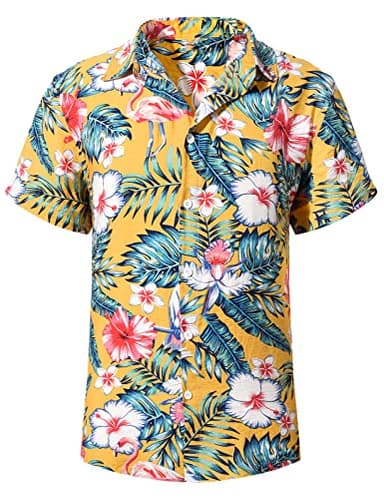 Yuson Girl Hommes Funky Hawaïenne Chemises à Manches Courtes Button Down Vacances Ete Aloha Imprimé Plage Casual Vintage Hawaii Chemise(Jaune, L)
