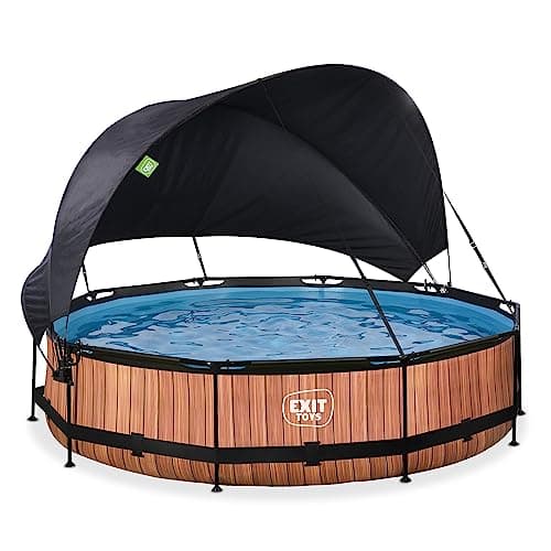 EXIT Toys Piscine Wood avec Voile d'Ombrage - ø360x76cm - Piscine Hors Sol Ronde avec Pompe Filtrante à Cartouche - Protection Optimale Contre Les Rayons UV - Entrée Basse - Design Unique - Marron