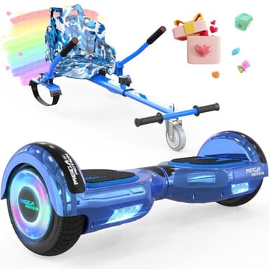 MEGA MOTION Hoverboards 6,5 pouces avec Hoverkart pour enfants et adolescents, auto-équilibrant, facile à contrôler, antidérapant, lumières LED et haut-parleur Bluetooth (Bleu+Bleu)