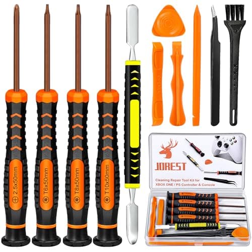 JOREST Kit Demontage PS4 PS3 PS5 Xbox one/360, 11pcs Kit Nettoyage, Outil Reparation pour Manette et Console, avec Tournevis Torx T6 T8 T10 et PH0, Pieds Biche, Pinces à épiler, Brosse