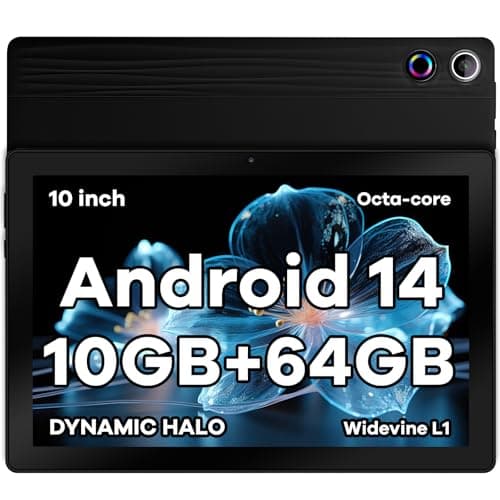 Tablette 10 Pouces Android 14 Tablette Octa-Core Tablette, Widevine L1 10 Go + 64 Go + 1 to TF, WiFi 6 BT 5.3 Batterie 5000 mAh, Transmission OTG, Déverrouillage du Visage, Prise Casque Type C (Noir)