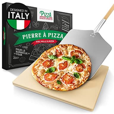 Pizza Divertimento Pierre à pizza pour four - Avec pelle à pizza en bois - Pierre pizza en cordiérite - Pour une base croustillante et une juteuse
