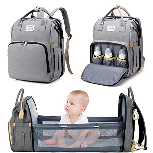 Sac à Dos à Langer pour Bébé,Sac de Voyage avec Lit de Bébé Portable,Grande Capacité Sac à Couches Multifonction Imperméable,2 Sangles de Poussette,pour Biberon Sac à Dos (Gris)