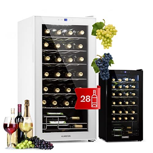 Klarstein Shiraz Cave a Vin, Réfrigérateur à Vin à une Zone, Cave à Vin de Vieillissement, Prosecco et Bière, Ecran Tactile, Réfrigérateur de Bar, Frigo Interieur/Exterieur, 5-18°C, 28 Bouteilles