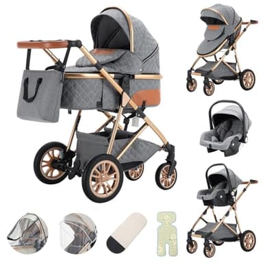 Zkiprm Poussette 3 en 1 pour bébé, poussette et siège auto combo, poussette avec poignée réglable en hauteur, poussette de voyage pliable pour les nouveau-nés de 0 à 4 ans