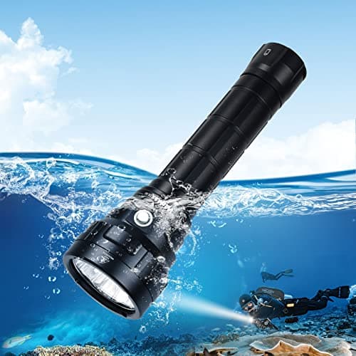 Wurkkos Lampe de plongée,Torche de Plongée 5000 Lumens Rechargeable, étanche IPX8, Lampe de plongée Professionnelle 4 * LH351D LED avec 2 * 5000mAh power et Chargeur