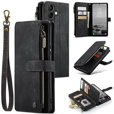 UEEBAI Étui Portefeuille pour Samsung Galaxy A54 5G, Fait à la Main en Cuir PU avec Emplacements pour Cartes Fermeture Magnétique avec Hand Strap Poche à Fermeture éclair et Béquille Portable - Noir