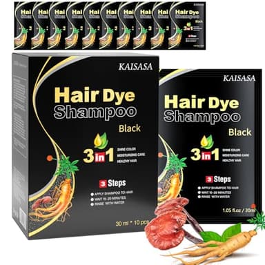 Shampoing Colorant 3 en 1, Shampooing Colorant Cheveux Naturelle, Hair Dye shampooing, Coloration Cheveux Semi-permanente, Couverture Cheveux Gris pour Hommes Femmes - 10PCS (Black)
