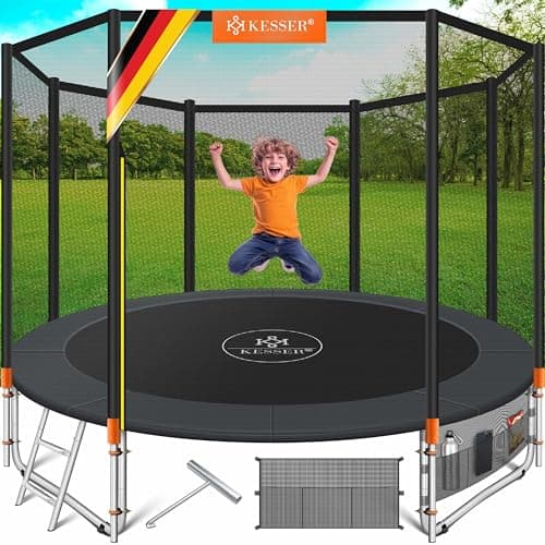 KESSER® Trampoline d'extérieur Ø 244/305/366/427 cm Kit complet avec filet de sécurité, échelle, housse de bord & poche latérale et accessoires de montage | Trampoline de jardin pour enfant Charge
