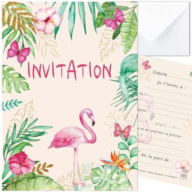 Lola et Louis (L&L) 10 cartes invitation anniversaire en Français • 10 enveloppes • Thèmes : Tropical, Flamant rose, Papillons, Fleurs, Plantes • Cartons pour inviter filles et garçons