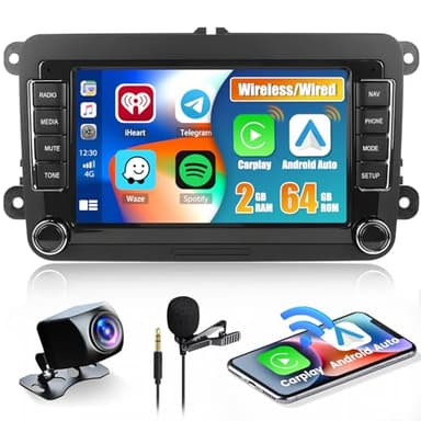 Hikity Android Autoradio Carplay Wireless pour VW Golf 5 6 Polo Passat, 7 Pouces Android Auto sans Fil écran Voiture Bluetooth Radio Voiture GPS FM RDS Caméra de Recul (2+64G)