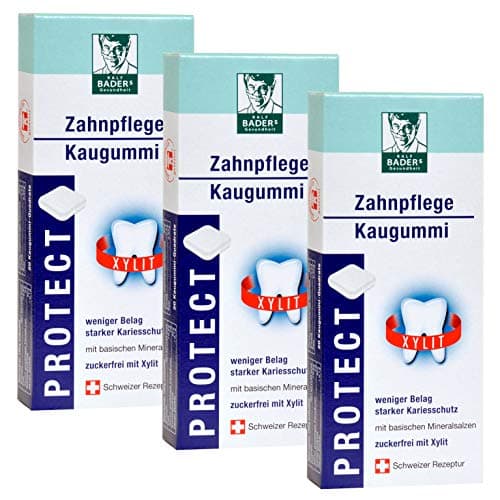 BADERs PROTECT de la pharmacie. Zahnpflege Kaugummi. Gomme à mâcher dentaire. Moins de plaque, dents plus blanches. Sans sucre avec 100% de xylitol. 3 x 20 carrés