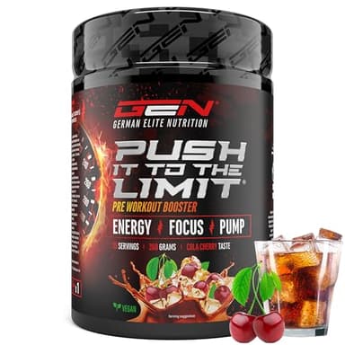 Push it to the Limit - Pre Workout avec L-Arginine + Citrulline + L-Tyrosine + L-Théanine + L-Carnitine + AAKG + Taurine + Racine de Rose Rhodiola + Caféine - Haute Dose - 360g - Cola-Cerise