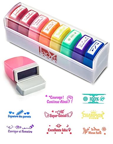 LAOYE Tampons Enseignants Français 8PCS Tampon Auto Encreur pour Cadeau Professeur Tampon Ecole Avec Boîte pour Encourager Élèves