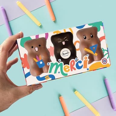 Coffret 3 Oursons Guimauve XL | Guimauve Vanille enrobé de Chocolat Lait ou Noir| Collection Merci | Remerciement Maîtresse Maître Atsem Nounou Collègue
