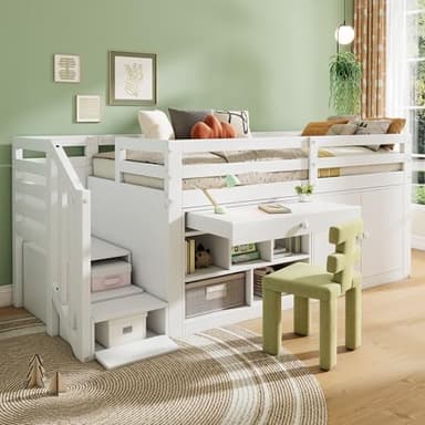Merax Lit Mezzanine 90x200cm, lit Enfant avec Placard et escalier, lit superposé avec Grand Rangement, pour garçons, Filles, Blanc (sans Matelas)