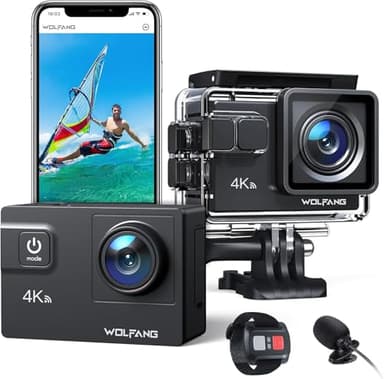 WOLFANG Caméra Sport 4K 60FPS, GA300 24MP Grand Angle Écran Tactile WiFi Caméra Étanche, Zoom 8X Stabilisateur EIS Appareil Photo (Microphone, Télécommande, 2 Piles 1350mAh et Kit d'accessoires)