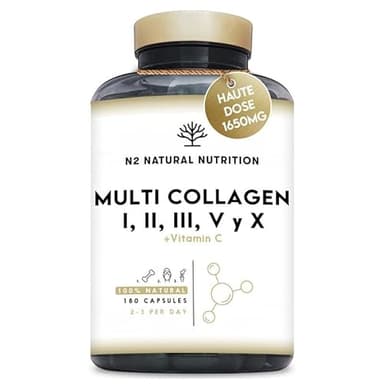 Multi Collagène Marin et Bovin 1650mg. 180 Gélules. Peptide de Collagene Hydrolysé Type 1, 2, 3, 5, 10. Complexe Collagene pour la Peau, Articulations et Cheveux + Vitamine C. N2 Natural Nutrition