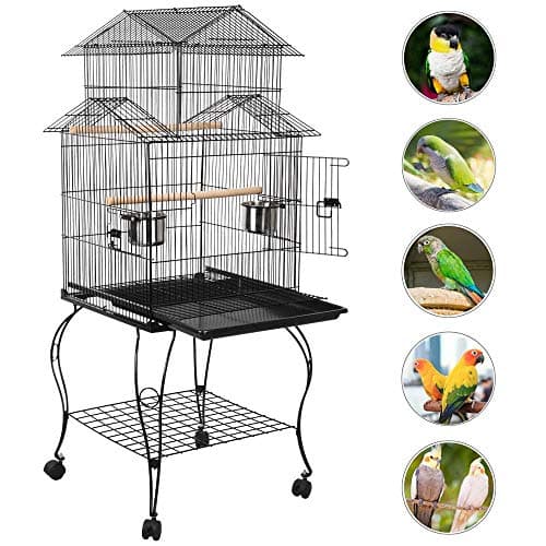 Yaheetech Cage Oiseaux avec Toiture Triple-A Cage sur roulettes avec Support Détachable pour Grosse Perruche à Collier/Conure Veuve/Conure à Joues Vertes/Calopsitte Inséparable/Conure Soleil