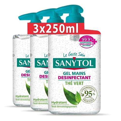 Sanytol - Gel Mains Désinfectant Thé Vert - 250 ml - Lot de 3 - Bactéricide, Virucide, Fongicide - Hydratant, Sans Rinçage, Ne Colle Pas - Testé Dermatologiquement