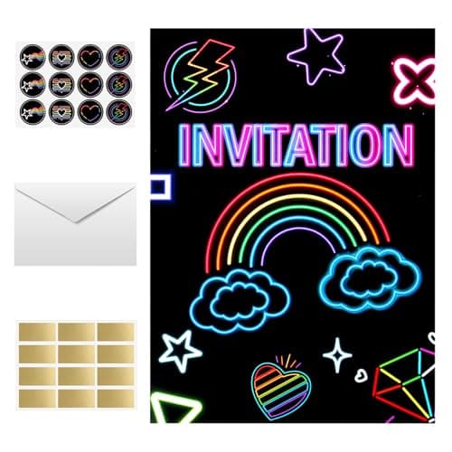 LWMTT 12 Cartes d'Invitation Anniversaire thème Néon,Invitation Créative à Gratter avec Enveloppes,Carte Anniversaire Arc en Ciel,Carte a Gratter et Autocollants, Carte Invitation Anniversaire Fille