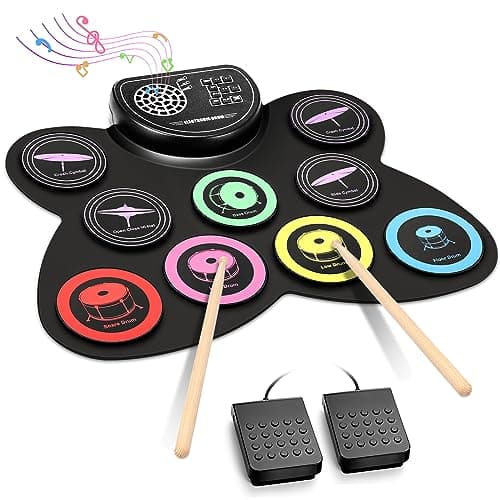 Anpro Kit Batterie Électronique, 9 Pads de Batterie avec Prise Casque, Haut-parleur Intégré, Pédales de Batterie, Baguettes de Batterie, 10 Heures d'autonomie, Cadeau de Noël et d'anniversaire