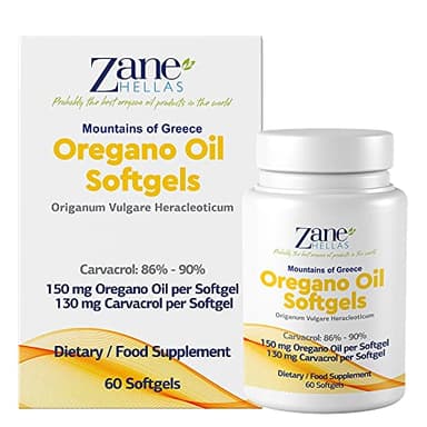 Zane Hellas Oregano Oil Softgels. La concentration la plus élevée au monde. Chaque Softgel contient 30% d'huile essentielle grecque pure d'origan. 130 mg de carvacrol par softgel. 60 gélules.