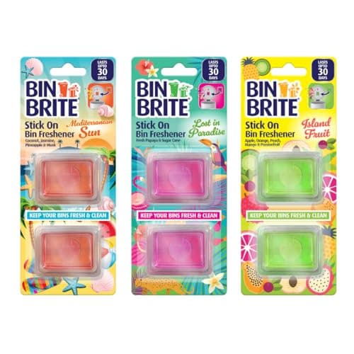 Bin Brite Lot de 3 désodorisants à coller pour poubelle – Soleil méditerranéen, Lost in Paradise, Island Fruit – Désodorisant pour poubelle et éliminateur d'odeurs Great British Home