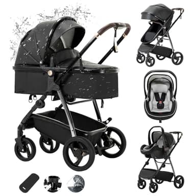 Zkiprm Poussette 3 en 1, Poussette de Ville Avec Siège Auto, Poussette en Cuir Pliable d'un Seul Geste Avec Habillage Pluie et Châssis en Aluminium Pour 0-4 Ans, Noir