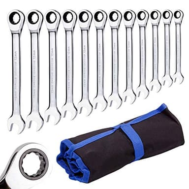 Qnkaa Lot de 12 clés mixtes à cliquet de 8 mm à 19 mm avec sac de rouleau, parfaites pour la maison, le vélo, la réparation de voiture