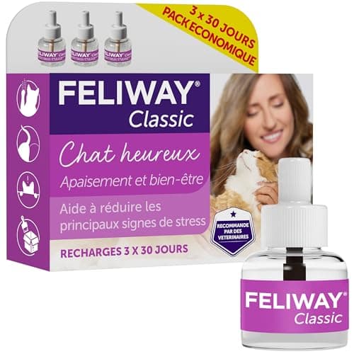 FELIWAY Classic 3X 30 Jours - Pack Economique - 3 Recharges pour Diffuseur de Phéromones Apaisantes pour Chats (3X 48ml) - Aide à Réduire Les Principaux Signes de Stress chez Les Chats et Les Chatons