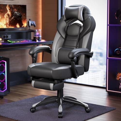 SONGMICS Chaise de Jeu, Chaise d'Ordinateur, Ergonomique, avec Repose-Pieds, Coussin de Tête Ajustable, Support Lombaire, Capacité de Charge de 150 kg, Noir et Gris OBG77BG
