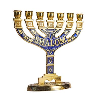 JL Kippha's Bougeoir décoratif doré de Jérusalem 7 branches Shalom Israël Menorah Fête juive 10 x 10 cm