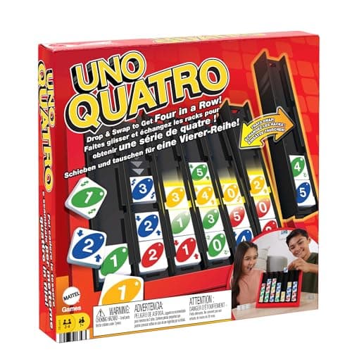 Mattel Games UNO Quatro, Jeu De Tuiles Familial pour Enfants Et Adultes, Jeux De Société pour Soirée Jeu en Famille Ou en Voyage, 2 À 4 Joueurs, Jouet pour Enfant de 7 Ans et Plus, HPF82