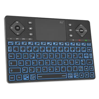 Rii Clavier Bluetooth, Multi-dispositifs - 3 Canaux - Compact Élégant, Pavé Tactile Rechargeable, Éclairage RVB 7 Couleurs - Ultra-Léger pour Android TV, PC, Tablette, Smart TV