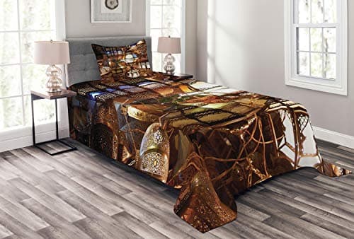 ABAKUHAUS marocain Couvre-lit Matelassé, Lanterne Soir, Décoratif 3 Pièces avec 2 Taies d'Oreillers, Twin, Violet Brun Vert