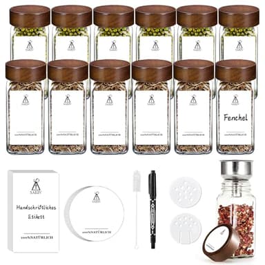 Lot de 12 Pots à Épices de 120 ml Bocaux à Épices, En verre Scellé - Pour Étagère à éÉpices, Porte-épices, Pots à Épices Avec Couvercle en Bois Pour l'organisation de la Cuisine…