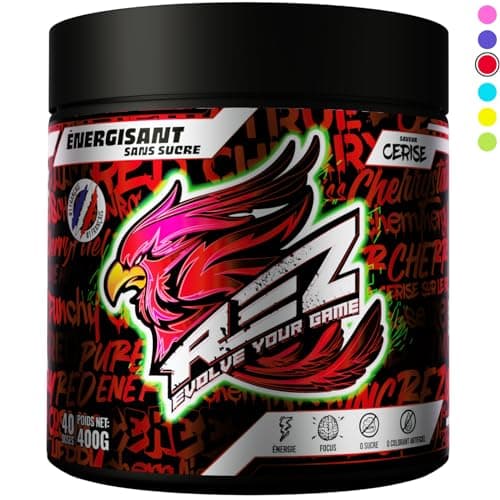 Rez | Energy Drink en Poudre | Boisson Énergisante SANS Sucre | Colorants et Arômes Naturels | Fabriqué en France | 40 Shakers en 1 Pot (400g (Lot de 1), Cerise)