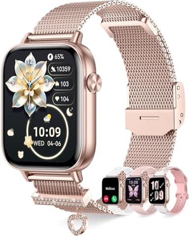 Montre Connectée Femme avec Appel Bluetooth 4 Bracelets 1.83" HD Smartwatch Femme avec Fréquence Cardiaque Sommeil Féminine 110+ Modes Sportifs Podomètre Tracker d'activité pour Android iOS, Or rose