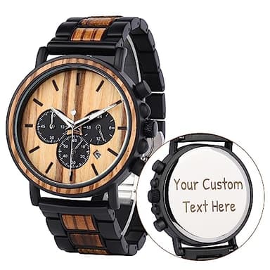 LMWOOD Montre en bois personnalisée pour homme - Montre en bois gravée - Montre analogique à quartz japonaise avec bracelet en bois, Alliage d'ébène-45B