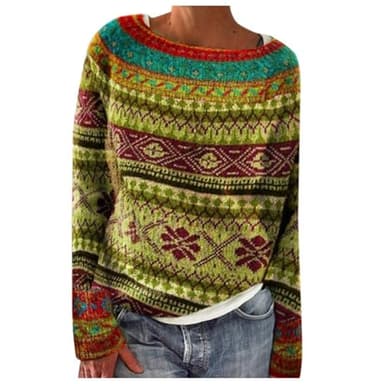 Pull Femme Hiver Chaud Chic Tricot Jacquard Pulls Pull Fin col Bateau avec Motif geometrique Vintage Pull Grande Taille Pas Cher Pullover tricoté Leger Chandail Manche Longue (Multicolour, S)