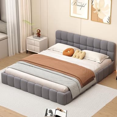 LONELYO Lit 140x190 avec Sommier - Tête de Lit Capitonnée et Coffre Rangement en Lin Gris - pour Chambre Adulte/Adolescent (Matelas Non Inclus)