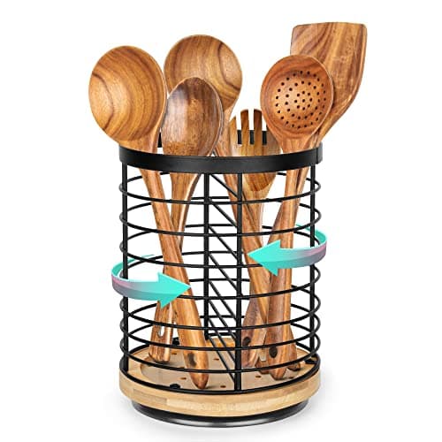 ausyde Porte-ustensiles de cuisine, rotatif, en acier inoxydable + base en bois, respirant et facile à sécher, grand porte-ustensiles pour la cuisine, noir