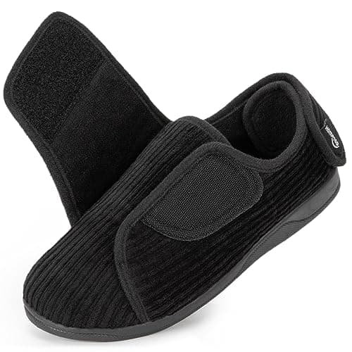 HomeTop Femme Talon Fermé Diabétique Chaussons Cordon Ajustable Largeur Crochet et Boucle Mousse à Mémoire Pantoufles Noir mat, 39 EU