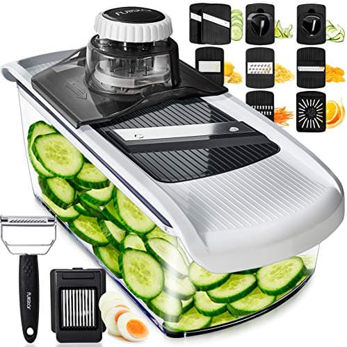 Mandoline Cuisine Coupe Legume Multifonctions - Mandoline Professionnelle Cuisine - Trancheur de Légumes Manuel - Coupe Legume Oignon Carotte Concombre - Cuisine Accessoires (11-en-1 Blanc)