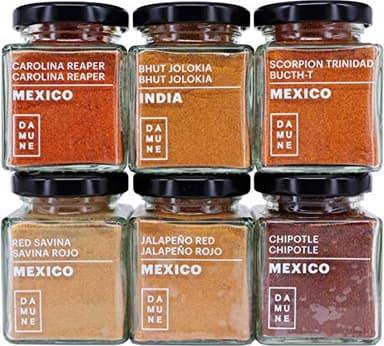 DAMUNE Piments du Monde: Carolina Reaper Poudre (45g), Bhut Jolokia Poudre (45g), Scorpion Trinidad Butch T Poudre (45g), Savina Rojo Poudre (45g), Chipotle Poudre (45g) & Jalapeño Rojo Poudre (45g)