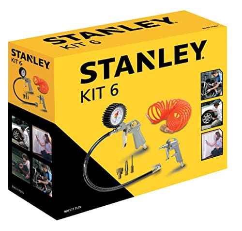 Stanley 9045717STN Ensemble d'Outils Pneumatiques Compresseur - Incl. Pistolet à air, accessoires, Gonfleur Pneus Voiture et tuyau spiralé 5M - Max. 20 Barres